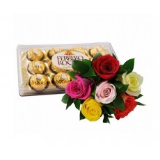 Buquê com 6 Rosas Coloridas + Ferrero Rocher