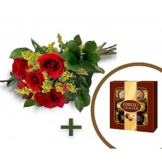 Buque com 5 Rosas Vermelhas + Chocolate Ferrero Rocher Colection